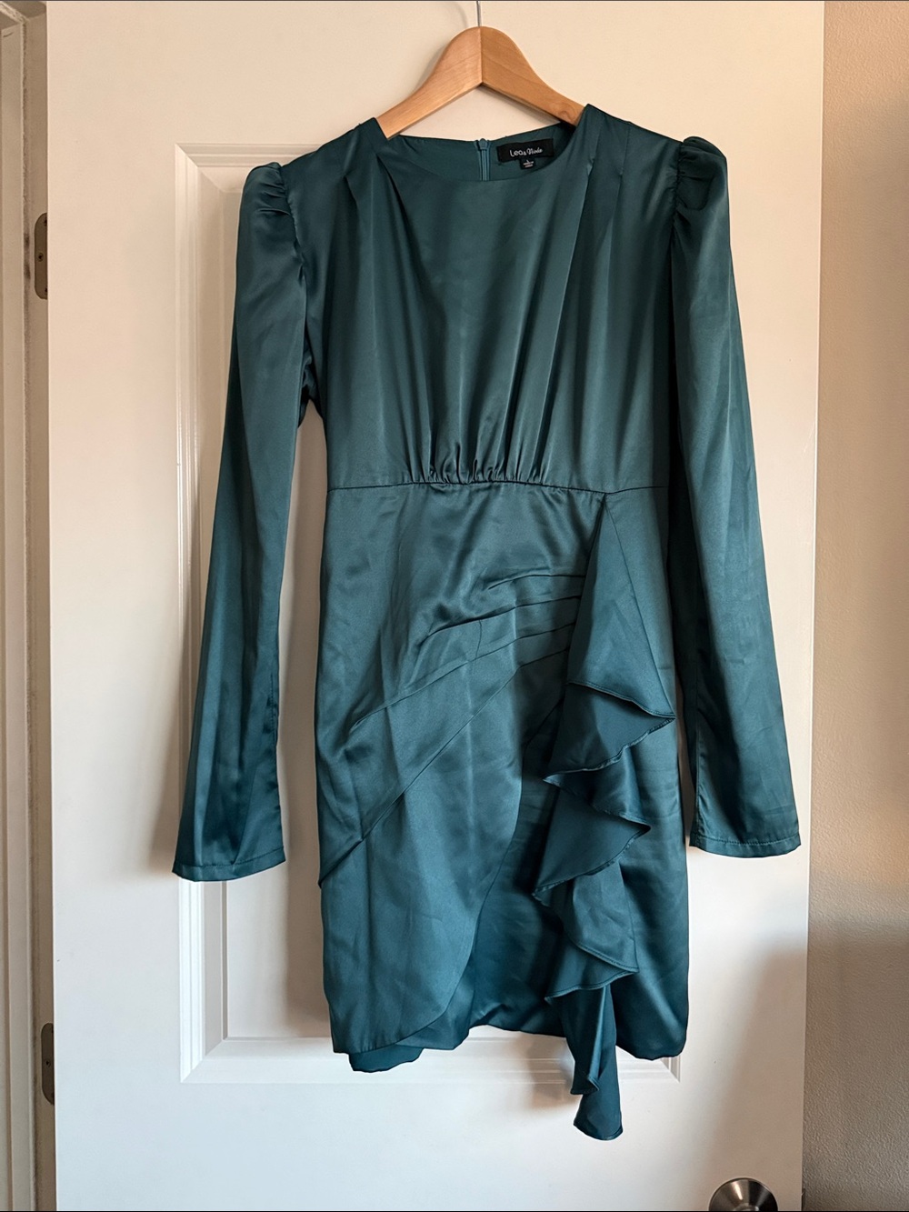 Eloquii Teal Satin feel Ruffle Long Sleeve Dress